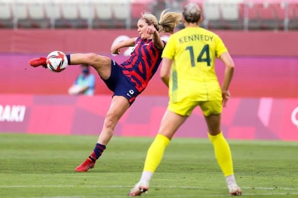 Lindsey Horan of Team United States shoots the ball during the Olympic football bronze medal match between United States and Australia at Kashima...