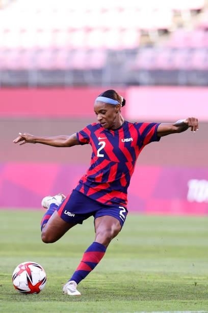 Crystal Dunn of Team United States shoots the ball during the Olympic football bronze medal match between United States and Australia at Kashima...
