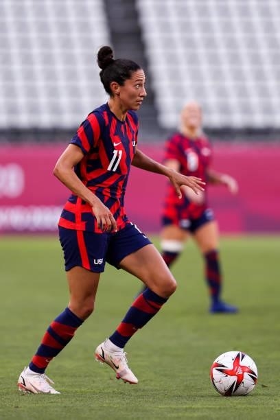 Christen Press of Team United States controls the ball during the Olympic football bronze medal match between United States and Australia at Kashima...