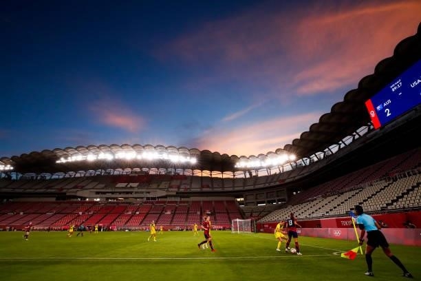 General sunset view of Kashima Stadium during the Olympic football bronze medal match between United States and Australia at Kashima Stadium on...