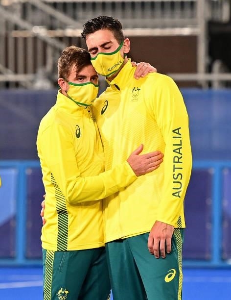 Jacob Whetton and Blake Govers of Australia looks dejected after the gold medal final match between Australia and Belgium on day thirteen of the...