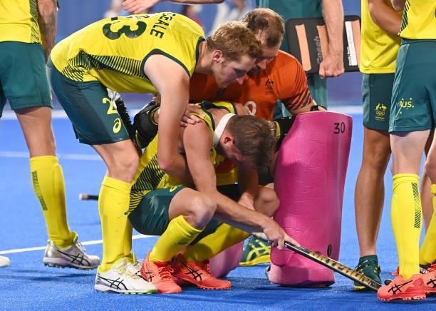 Jacob Whetton of Australia is dejected after his team loses the gold medal final match between Australia and Belgium on day thirteen of the Tokyo...