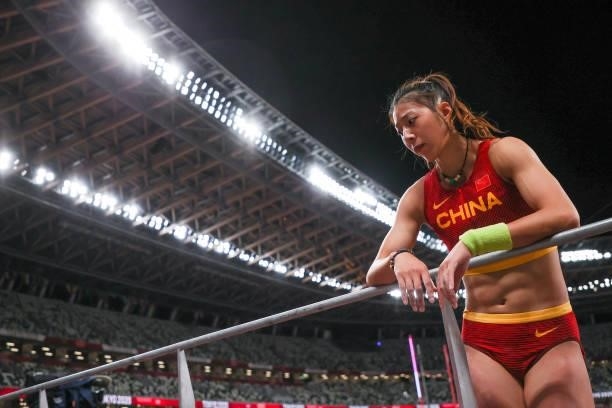 Xu Huiqin of Team China reacts in the Women's Pole Vault Final on day thirteen of the Tokyo 2020 Olympic Games at Olympic Stadium on August 5, 2021...