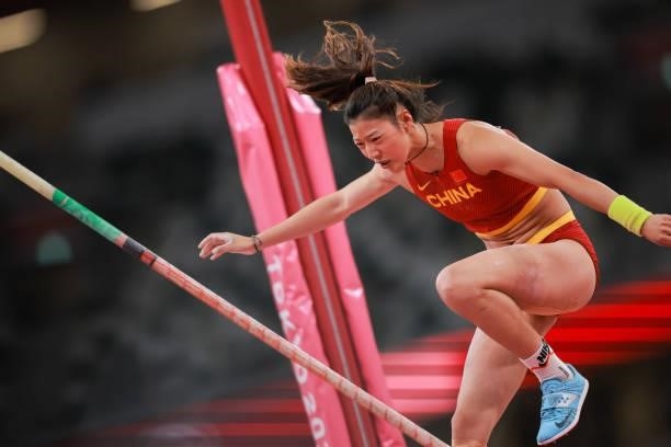 Xu Huiqin of Team China competes in the Women's Pole Vault Final on day thirteen of the Tokyo 2020 Olympic Games at Olympic Stadium on August 5, 2021...