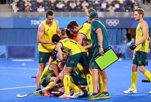 Jacob Whetton of Australia is dejected after missing his shot at goal in the extra time penalty shootout the gold medal final match between Australia...