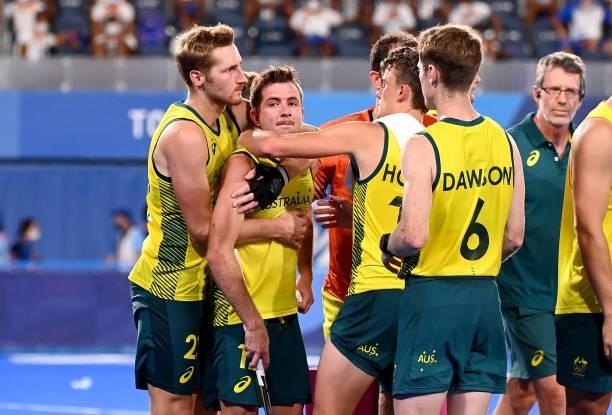 Jacob Whetton of Australia is dejected after missing his shot at goal in the extra time penalty shootout in the gold medal final match between...