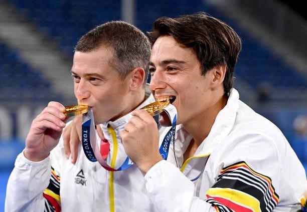 The Belgian players celebrate victory after the gold medal final match between Australia and Belgium on day thirteen of the Tokyo 2020 Olympic Games...