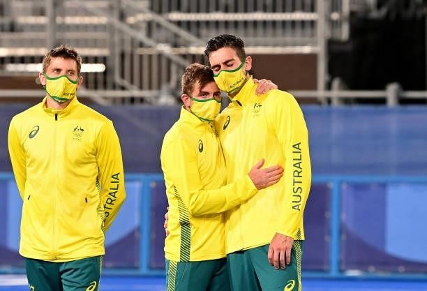 Jacob Whetton and Blake Govers of Australia look dejected after the gold medal final match between Australia and Belgium on day thirteen of the Tokyo...
