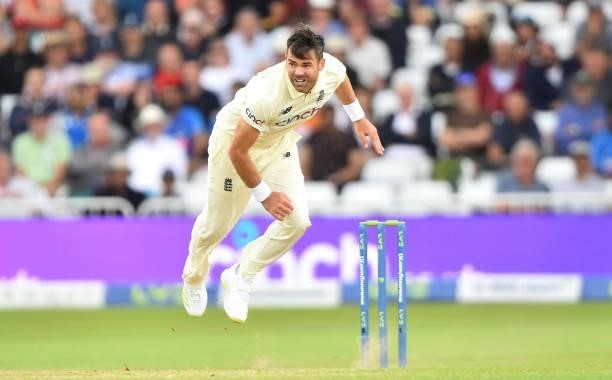 James Anderson of England runs into bowl during day two of the First Test Match between England and India at Trent Bridge on August 05, 2021 in...