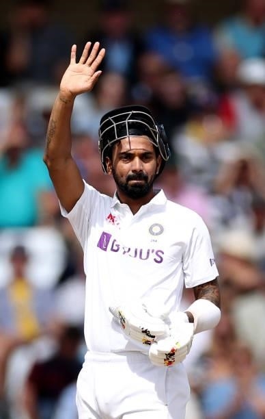 Kannaur Rahul of India gestures during day two of the First LV= Insurance test match between England and India at Trent Bridge on August 05, 2021 in...