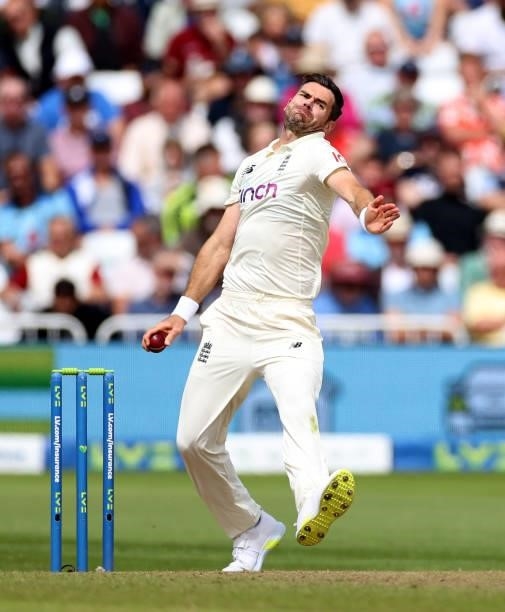 James Anderson of England in bowling action during day two of the First LV= Insurance test match between England and India at Trent Bridge on August...