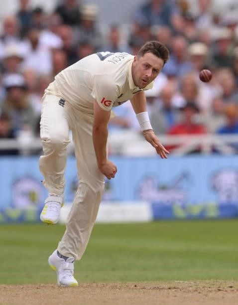 England bowler Ollie Robinson in bowling action during day two of the First Test Match between England and India at Trent Bridge on August 05, 2021...