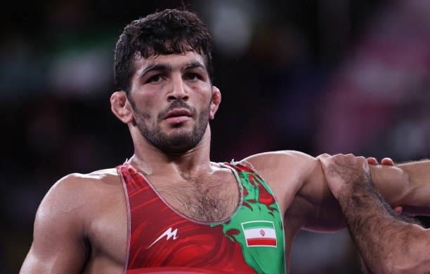 Hassan Yazdanicharati of Iran react during the Men's Freestyle 86kg Final on day thirteen of the Tokyo 2020 Olympic Games at Makuhari Messe Hall on...