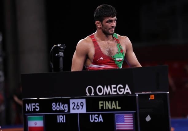 Hassan Yazdanicharati of Iran react during the Men's Freestyle 86kg Final on day thirteen of the Tokyo 2020 Olympic Games at Makuhari Messe Hall on...