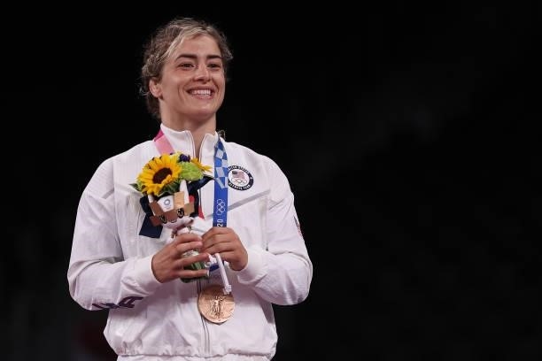 Women's Freestyle 57kg bronze medalist Helen Louise Maroulis of Team United States poses with her medal on day thirteen of the Tokyo 2020 Olympic...