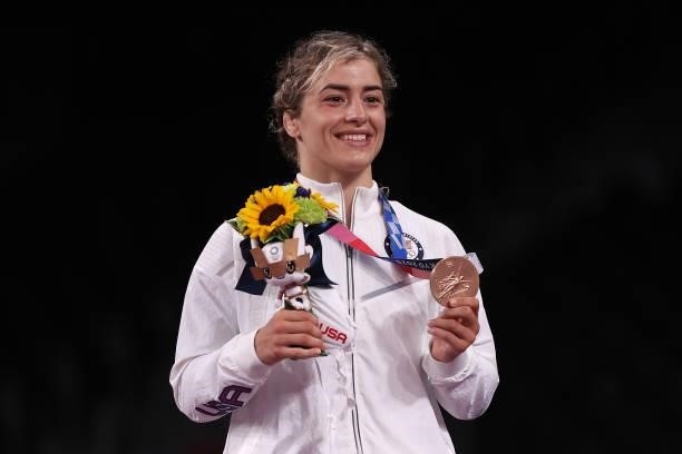 Women's Freestyle 57kg bronze medalist Helen Louise Maroulis of Team United States poses with her medal on day thirteen of the Tokyo 2020 Olympic...