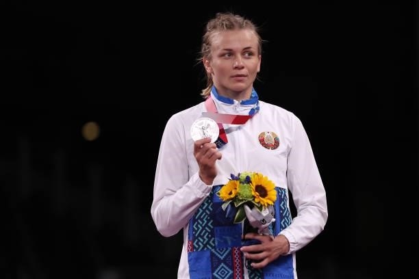 Women's Freestyle 57kg silver medalist Iryna Kurachkina of Team Belarus poses with her medal on day thirteen of the Tokyo 2020 Olympic Games at...