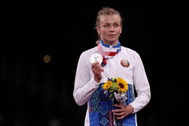 Women's Freestyle 57kg silver medalist Iryna Kurachkina of Team Belarus poses with her medal on day thirteen of the Tokyo 2020 Olympic Games at...