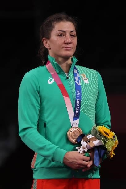 Women's Freestyle 57kg bronze medalist Evelina Georgieva Nikolova of Team Bulgaria poses with her medal on day thirteen of the Tokyo 2020 Olympic...