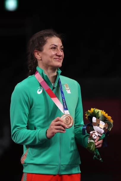 Women's Freestyle 57kg bronze medalist Evelina Georgieva Nikolova of Team Bulgaria poses with her medal on day thirteen of the Tokyo 2020 Olympic...