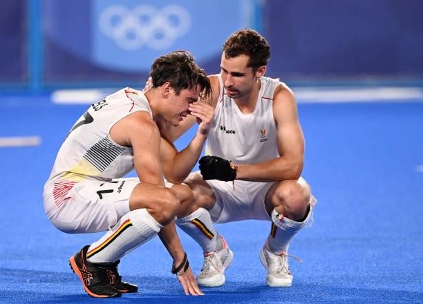 Thomas Briels and Florent van Aubel of Belgium show their emotions after their team wins the gold medal final match between Australia and Belgium on...