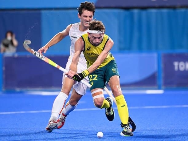 Andrew Ogilvie of Australia strikes the ball during the gold medal final match between Australia and Belgium on day thirteen of the Tokyo 2020...