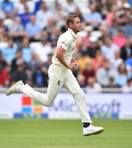 Stuart Broad of England runs into bowl during day two of the First Test Match between England and India at Trent Bridge on August 05, 2021 in...