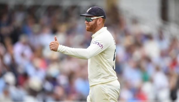 Jonny Bairstow of England gestures during day two of the First Test Match between England and India at Trent Bridge on August 05, 2021 in Nottingham,...