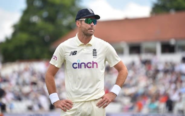 James Anderson of England looks on during day two of the First Test Match between England and India at Trent Bridge on August 05, 2021 in Nottingham,...