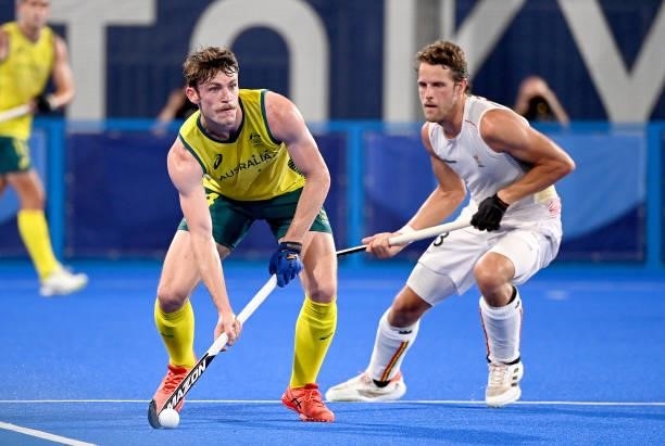 Dylan Martin of Australia looks to pass during the gold medal final match between Australia and Belgium on day thirteen of the Tokyo 2020 Olympic...