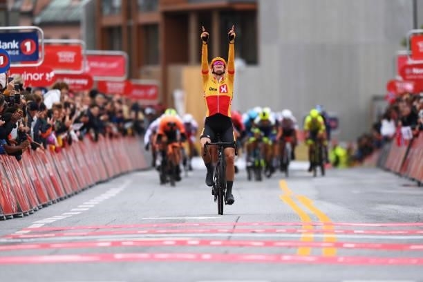 Markus Hoelgaard of Norway and UNO - X Pro Cycling Team celebrates at finish line as stage winner during the 8th Arctic Race Of Norway 2021, Stage 1...