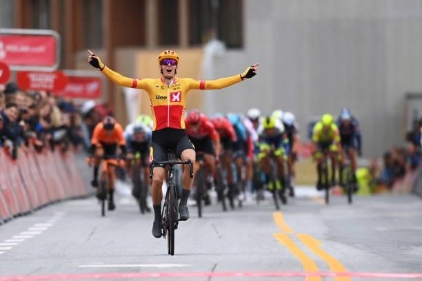 Markus Hoelgaard of Norway and UNO - X Pro Cycling Team celebrates at finish line as stage winner during the 8th Arctic Race Of Norway 2021, Stage 1...