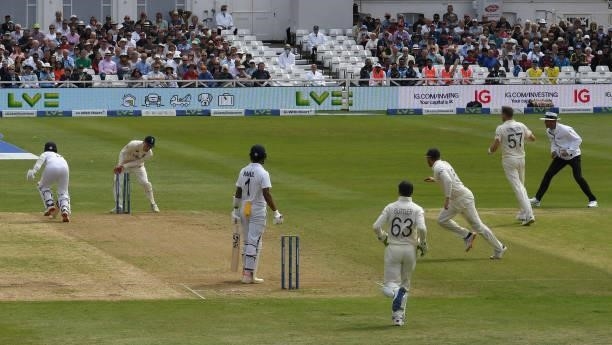 Ajinkya Rahane of India is run out by a direct throw from Jonny Bairstow of England during the second day of the 1st LV= Test match between England...