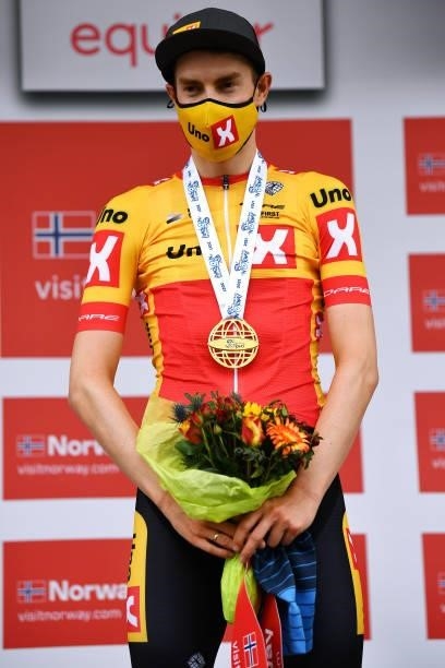 Markus Hoelgaard of Norway and UNO - X Pro Cycling Team celebrates at podium as stage winner during the 8th Arctic Race Of Norway 2021, Stage 1 a...