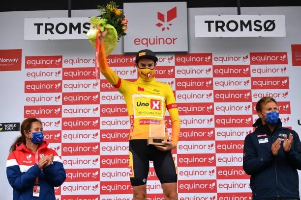 Markus Hoelgaard of Norway and UNO - X Pro Cycling Team Yellow Leader Jersey celebrates at podium during the 8th Arctic Race Of Norway 2021, Stage 1...
