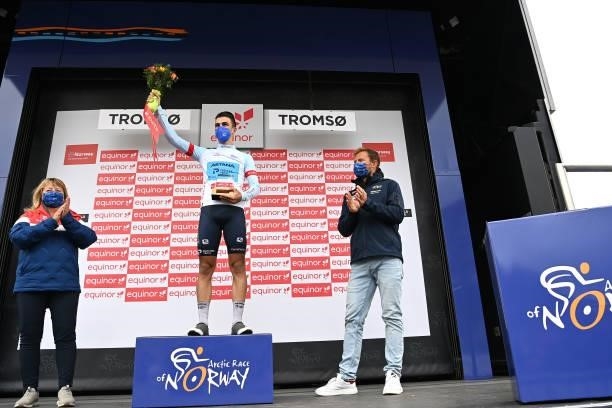 Samuele Battistella of Italy and Team Astana – Premier Tech White Best Young Rider Jersey celebrates at podium during the 8th Arctic Race Of Norway...