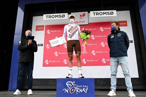 Alexis Gougeard of France and AG2R Citröen Team Most Combative Rider celebrates at podium during the 8th Arctic Race Of Norway 2021, Stage 1 a...