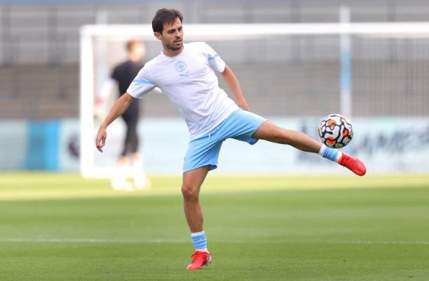Bernardo Silva of Manchester City controls the ball during the warm up prior to a pre-season match between Manchester City and Blackpool at...