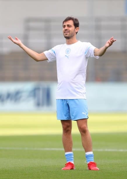 Bernardo Silva of Manchester City looks on during the warm up prior to a pre-season match between Manchester City and Blackpool at Manchester City...