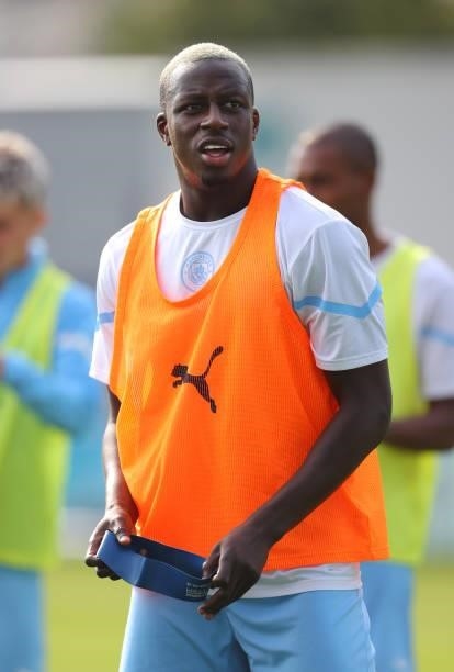 Benjamin Mendy of Manchester City looks on during the warm up prior to a pre-season match between Manchester City and Blackpool at Manchester City...