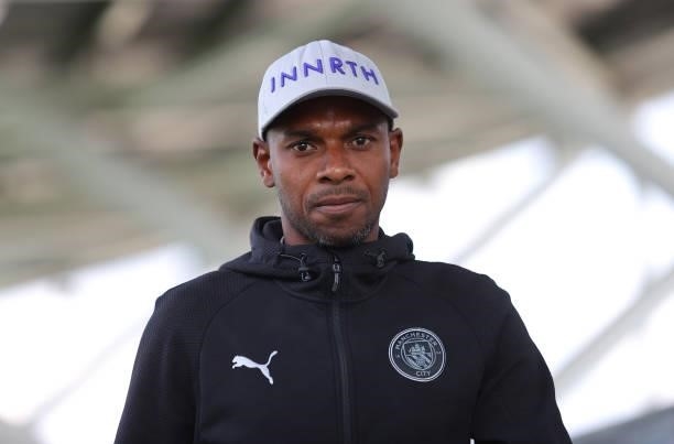 Fernandinho of Manchester City looks on prior to a pre-season match between Manchester City and Blackpool at Manchester City Football Academy on...