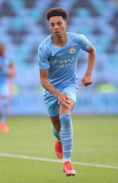 Samuel Edozie of Manchester City during pre-season match between Manchester City and Blackpool at Manchester City Football Academy on August 03, 2021...