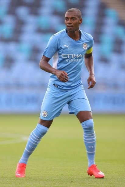 Fernandinho of Manchester City looks on during a pre-season match between Manchester City and Blackpool at Manchester City Football Academy on August...