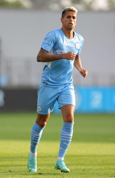 Joao Cancelo of Manchester City during pre-season match between Manchester City and Blackpool at Manchester City Football Academy on August 03, 2021...