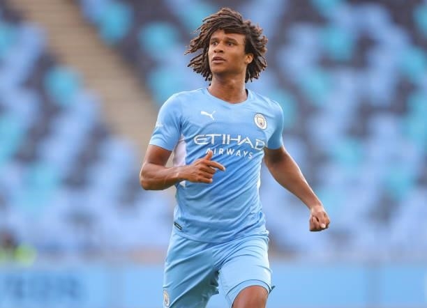 Nathan Ake of Manchester City during pre-season match between Manchester City and Blackpool at Manchester City Football Academy on August 03, 2021 in...