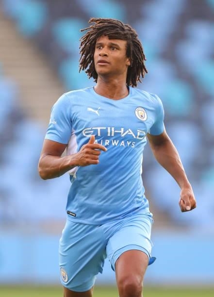 Nathan Ake of Manchester City during pre-season match between Manchester City and Blackpool at Manchester City Football Academy on August 03, 2021 in...
