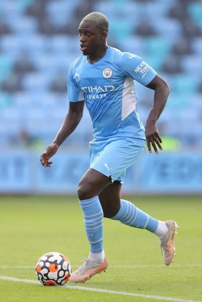 Benjamin Mendy of Manchester City runs with the ball during a pre-season match between Manchester City and Blackpool at Manchester City Football...