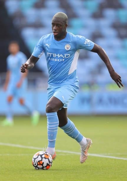 Benjamin Mendy of Manchester City runs with the ball during a pre-season match between Manchester City and Blackpool at Manchester City Football...