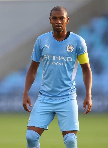 Fernandinho of Manchester City looks on during a pre-season match between Manchester City and Blackpool at Manchester City Football Academy on August...