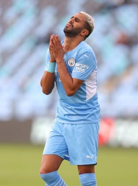 Riyad Mahrez of Manchester City reacts during pre-season match between Manchester City and Blackpool at Manchester City Football Academy on August...